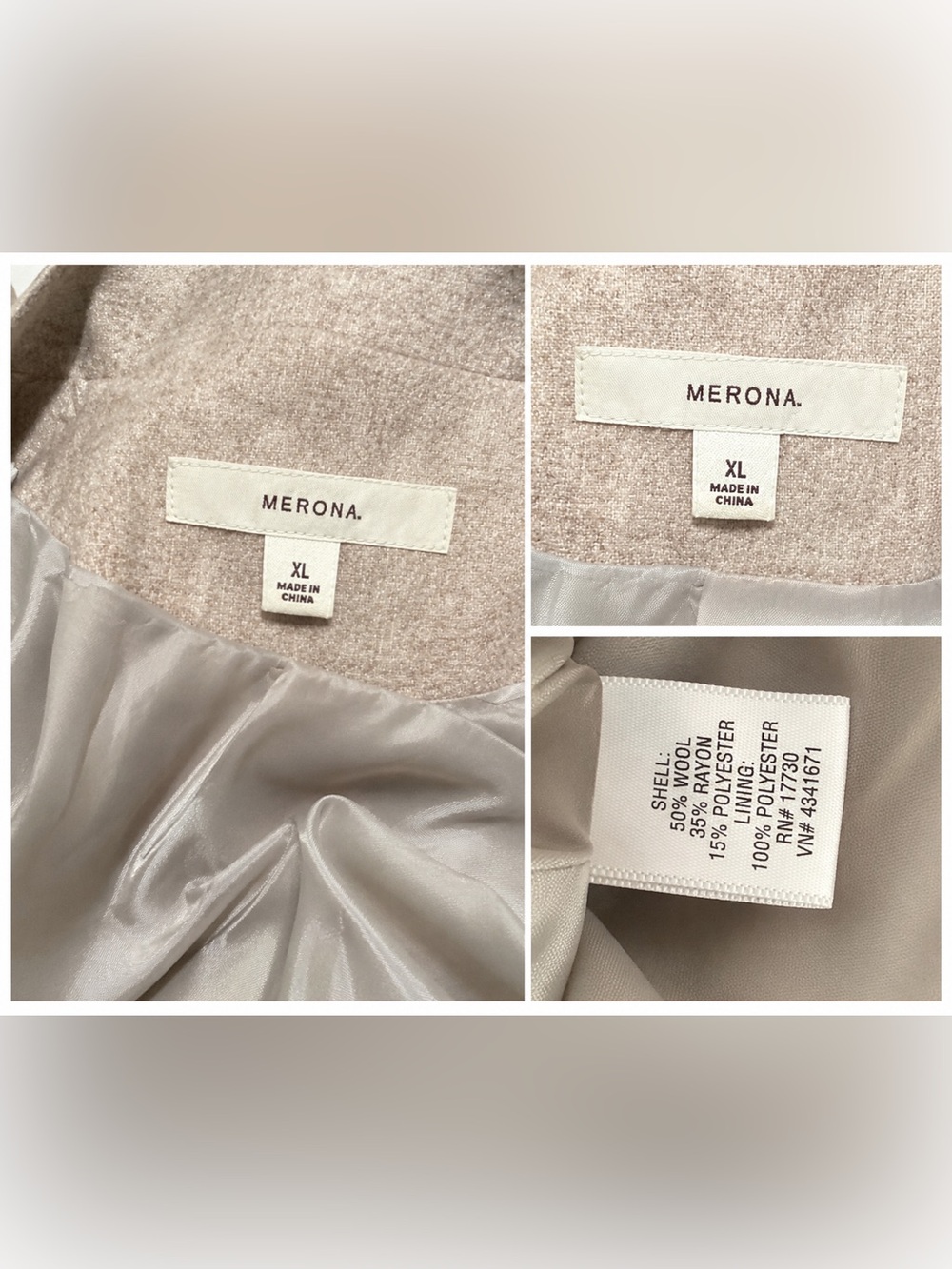 Merona Women’s XL Wool Blend Cropped Blazer Jacket Neutral Beige 3/4 Sleeve - Picture 4 of 10